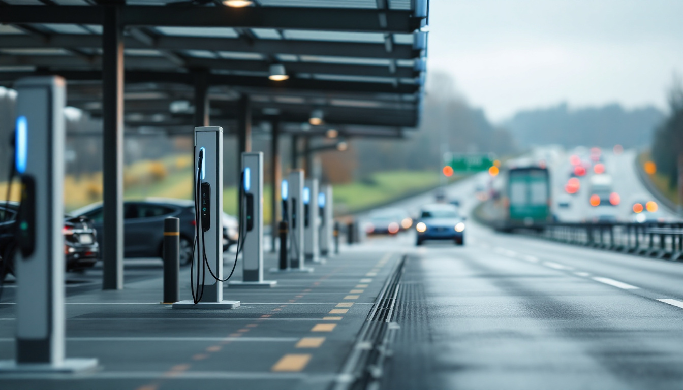 Ein Ladepark an einer Autobahnraststätte mit mehreren Ladesäulen unter einem Dach und Verkehr im Hintergrund.