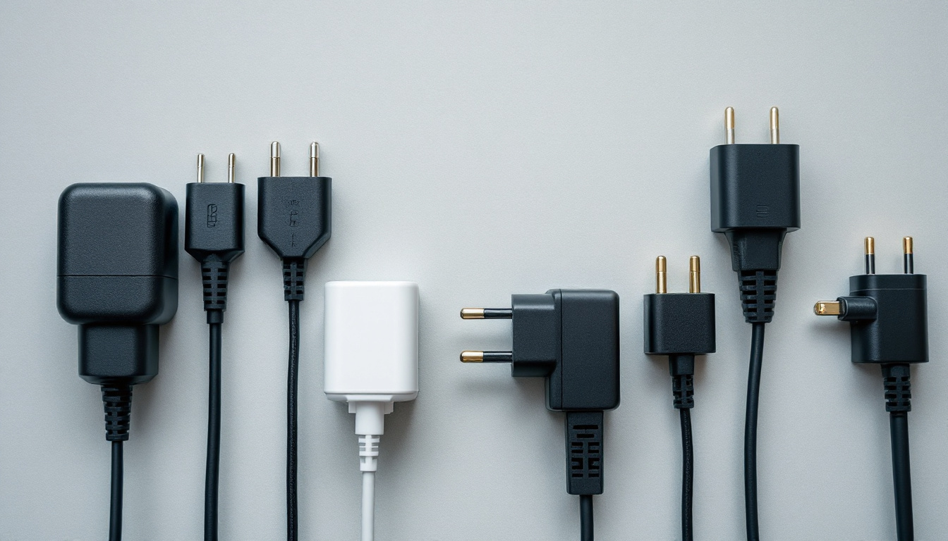 Mehrere unterschiedlich geformte Ladestecker und ihre Kabel nebeneinander auf einer neutralen Fläche.
