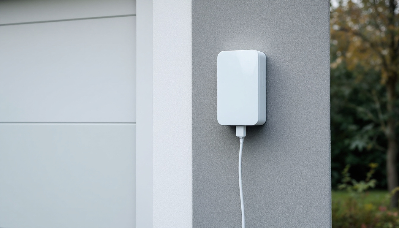 Eine Wandladebox an der Außenwand einer Garage eines Einfamilienhauses mit ordentlich aufgehängtem Kabel.